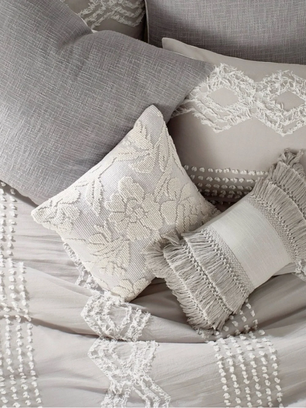 NWT Peri Home Gray Tufted Fringe Full/Queen Cotton Duvet Cover Boho Textured